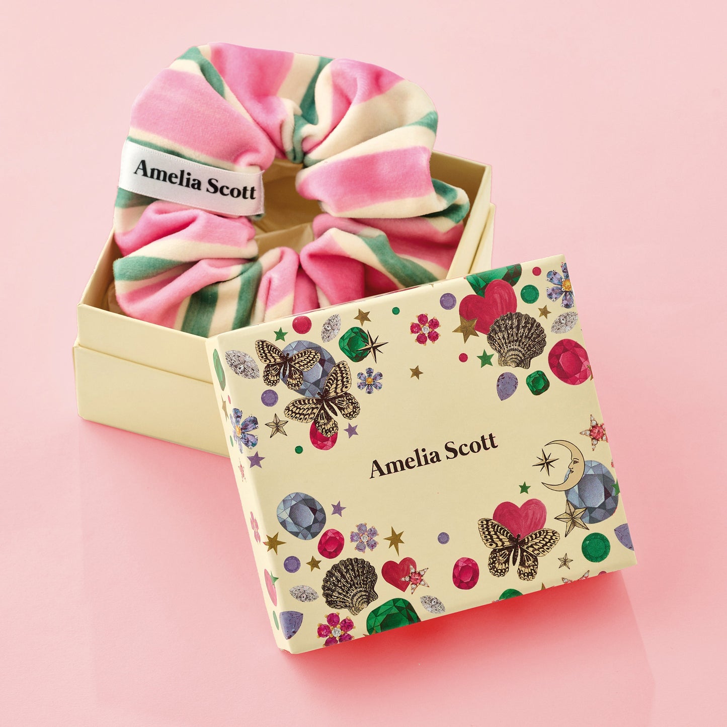 Lucy Pink & Green Stripe velvet scrunchie in decorative gift box by Amelia Scott