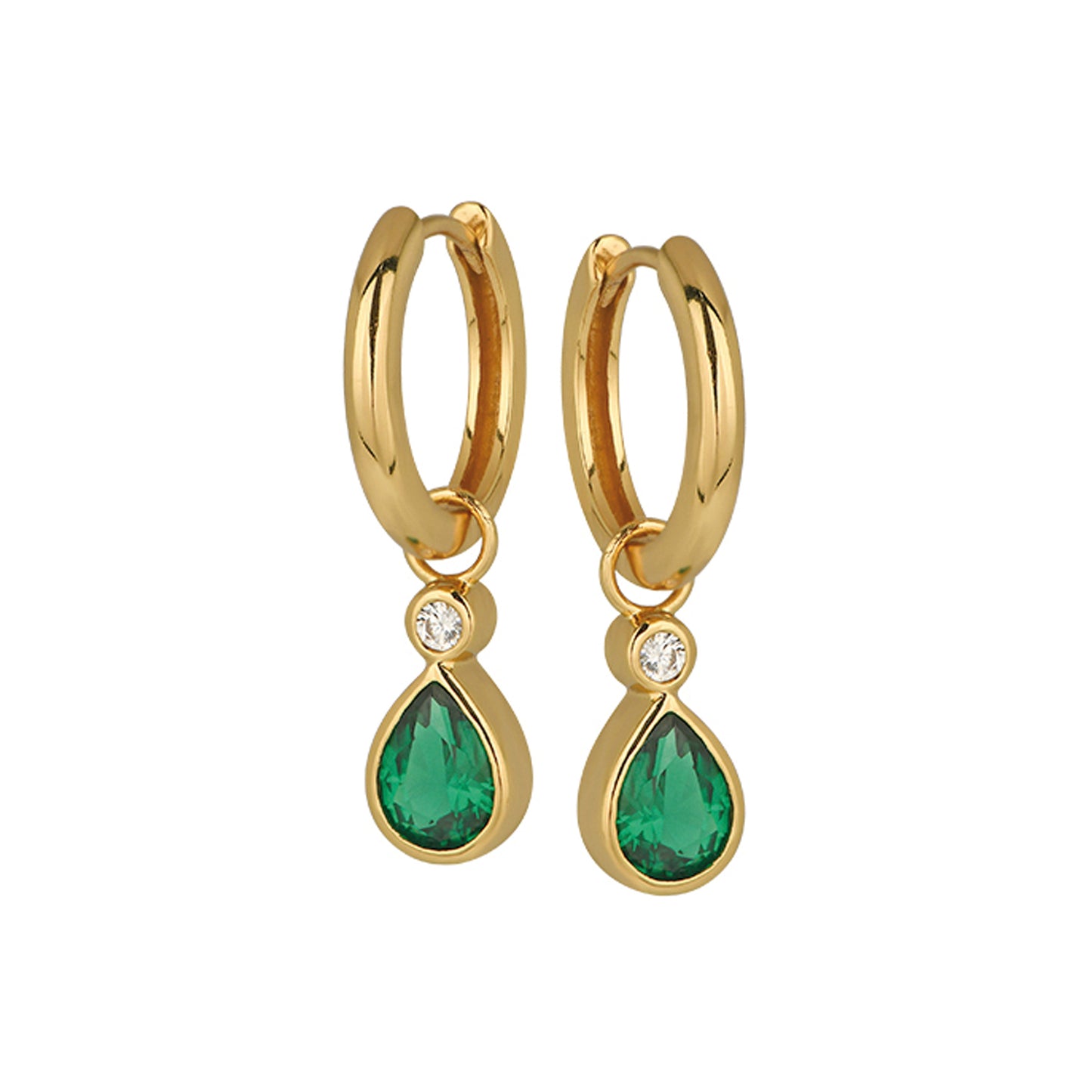 Sofia Teardrop Hoops gold plated sterling silver earrings with emerald green cubic zirconia teardrop charms