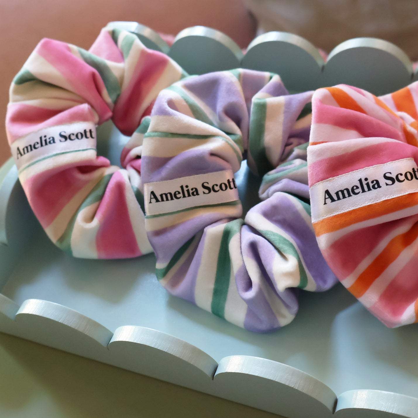 Lucy Pink & Green Stripe Velvet Scrunchie