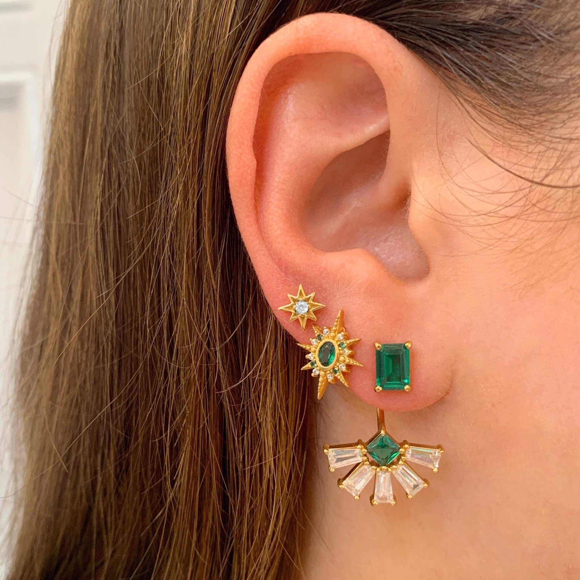 Luna Moon & Star Stud Earrings emerald green and gold, stacked lobe