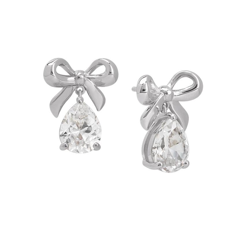 Amelia Bow collection silver stud earrings with clear teardrop cubic zirconia and bow design