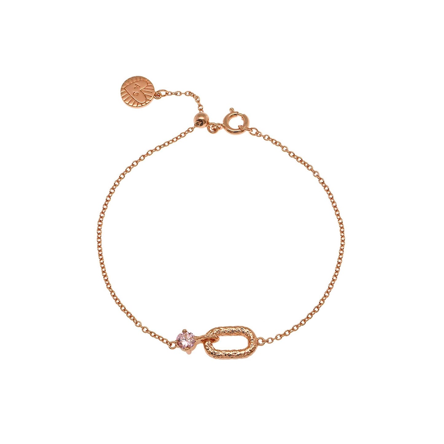 Amelia Antique Oval Rose Gold Bracelet, blush pink stone on a white background