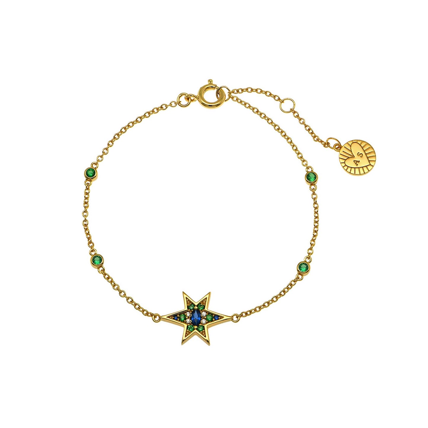 Colourful Nova North Star Chain bracelet sapphire blue, emerald and gold north star.