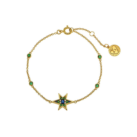 Colourful Nova North Star Chain bracelet sapphire blue, emerald and gold north star.