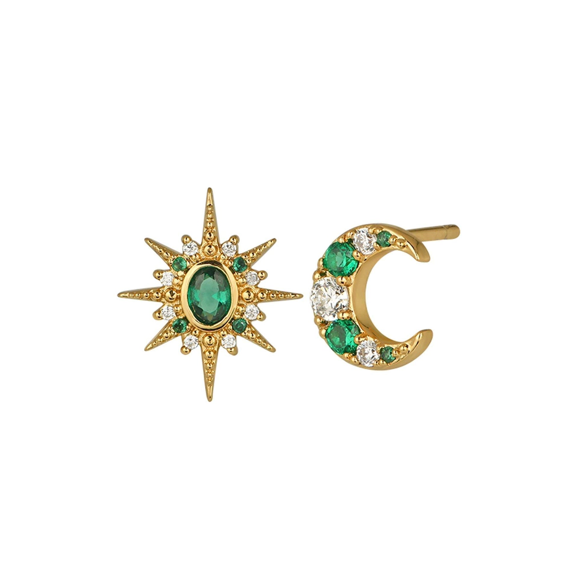 Luna Moon & Star Stud Earrings mismatched stud earrings with emerald green and clear cubic zirconia in 18k gold plated recycled sterling silver