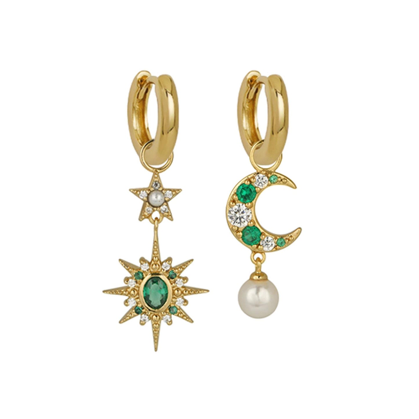 Moon & Star Huggie Hoop Earrings with emerald green cubic zirconia moon and star charms adorned with pearls and clear stones