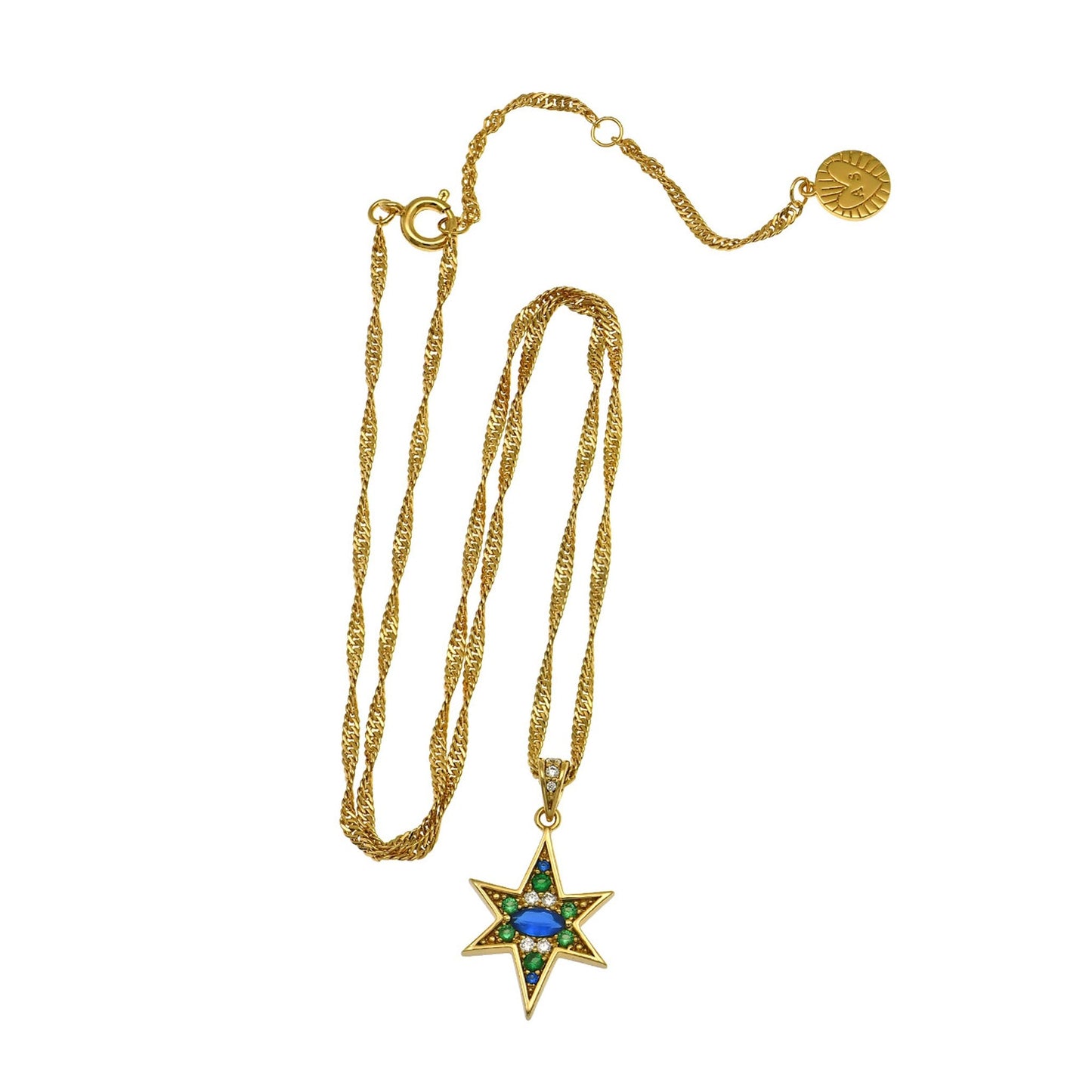 Nova North Star Pendant Necklace Sapphire Blue Green and Gold on white background