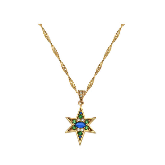 Nova North Star Pendant Necklace Sapphire Blue Green and Gold