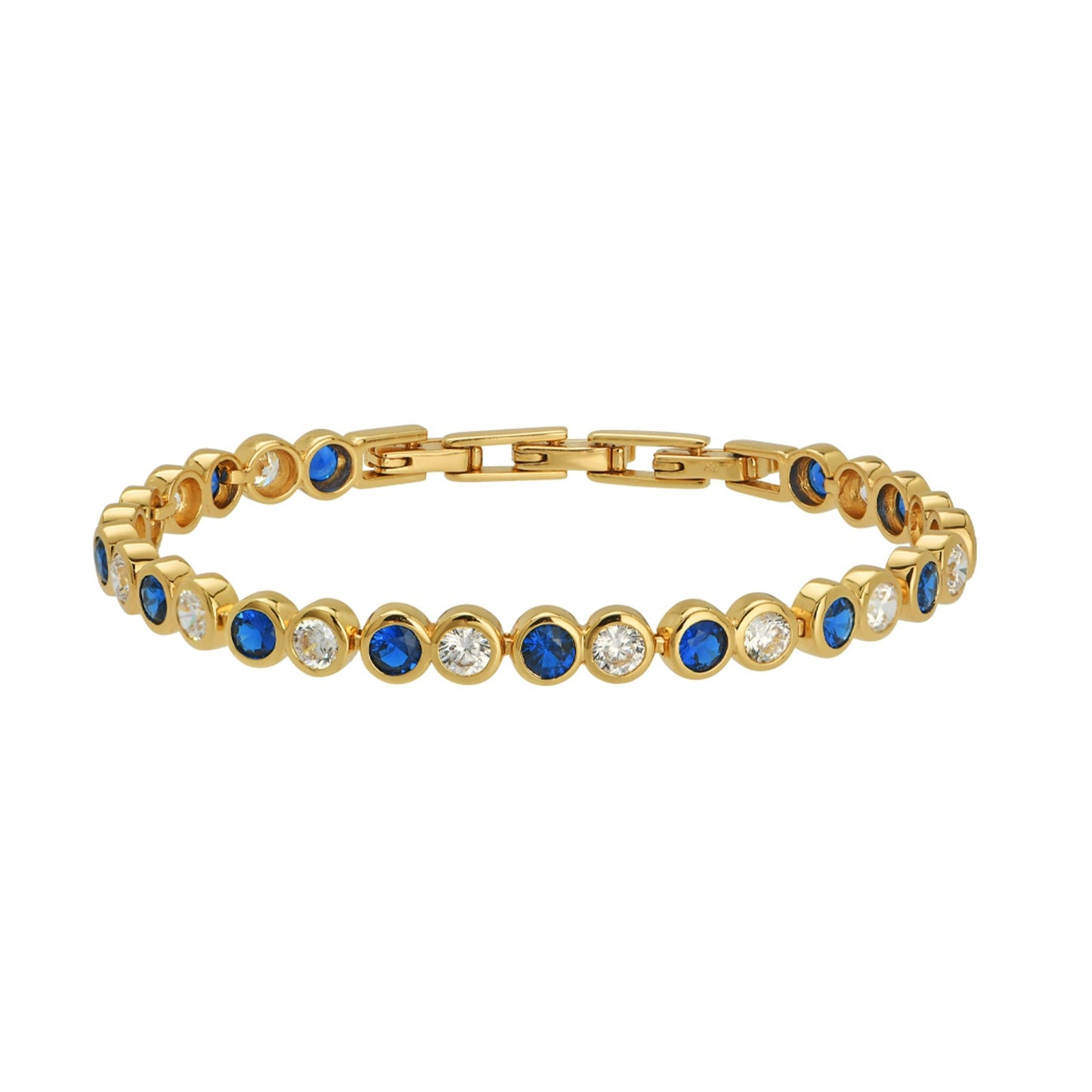 Dotty Tennis Bracelet with alternating sapphire blue and clear cubic zirconia set in 18k gold plating, adjustable links for perfect fit