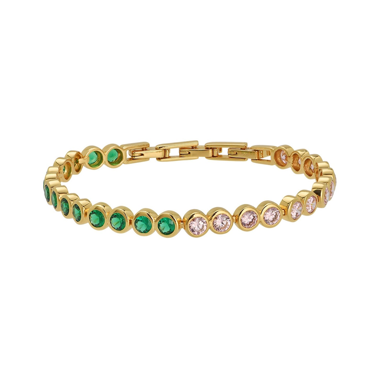 Colourful Tennis Bracelet, Dotty Blush Pink, Emerald Green & Gold white background