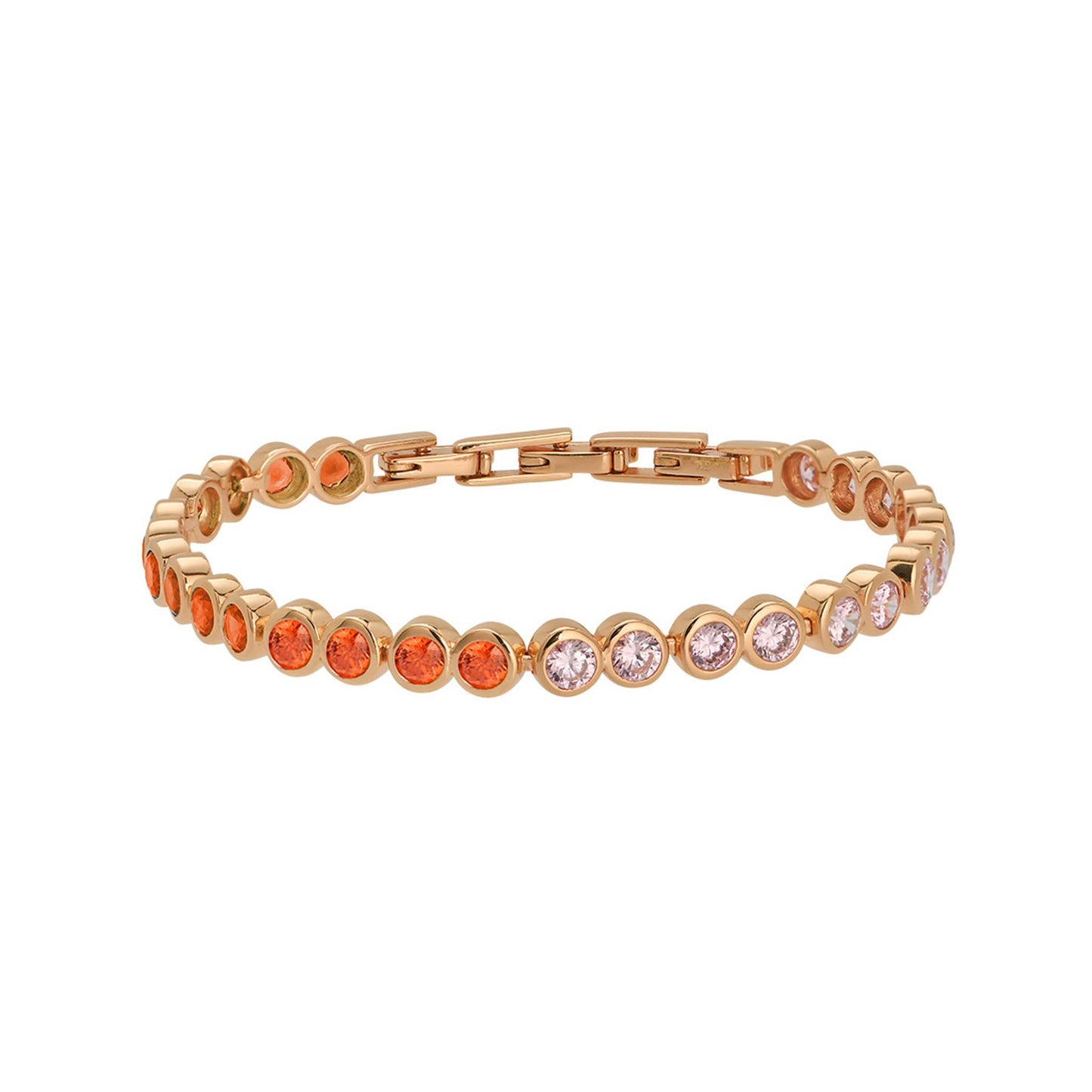 Rose Gold Tennis Bracelet Pink & Orange, dotty bracelet on white background