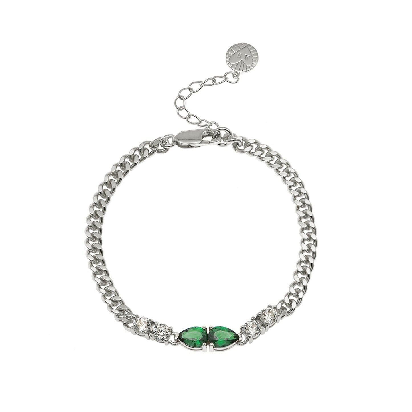 Sofia Teardrop Bracelet featuring emerald green and clear cubic zirconia on a silver plated chain