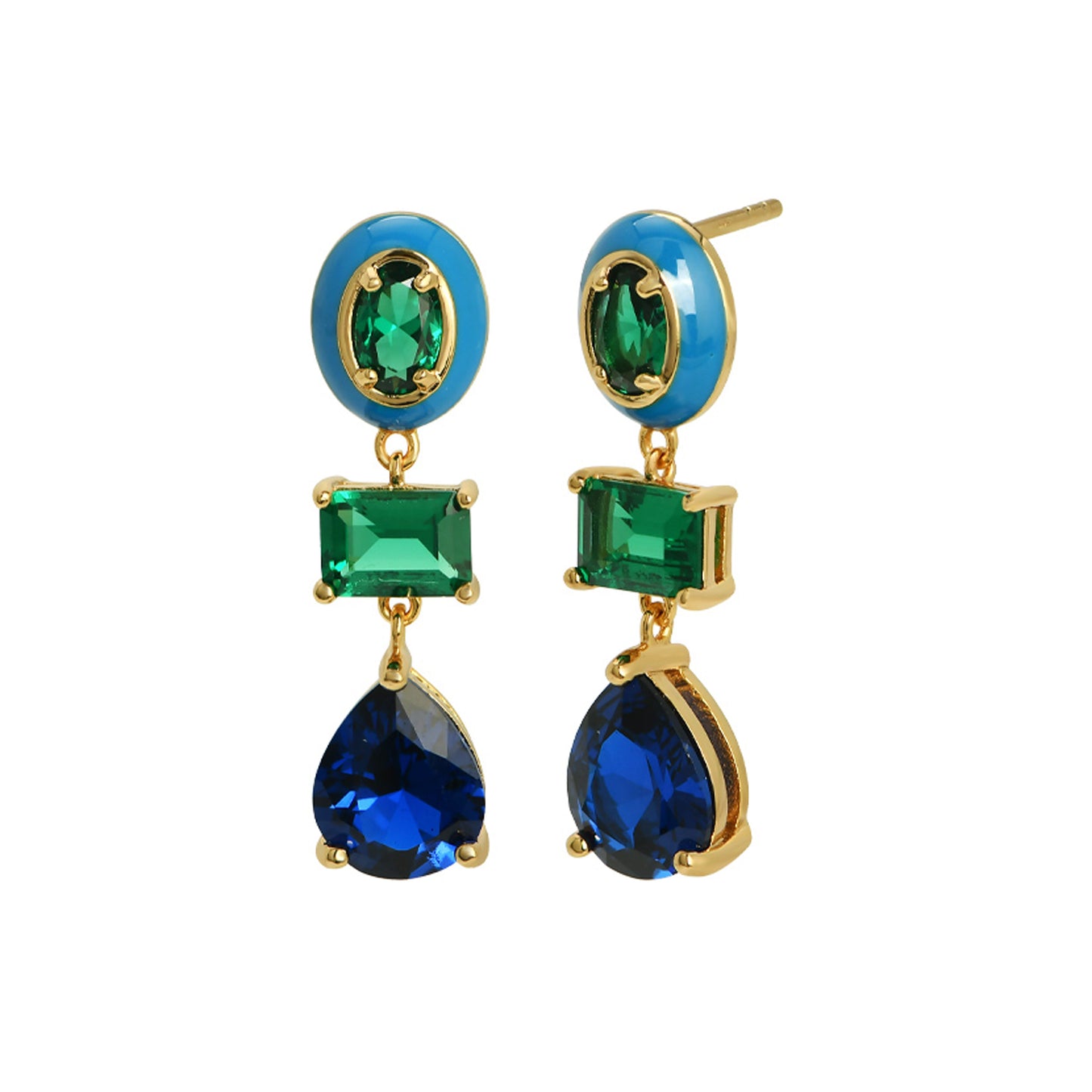 Green Statement Earrings Frida Enamel Drop Studs, Blue, Green & Gold white background
