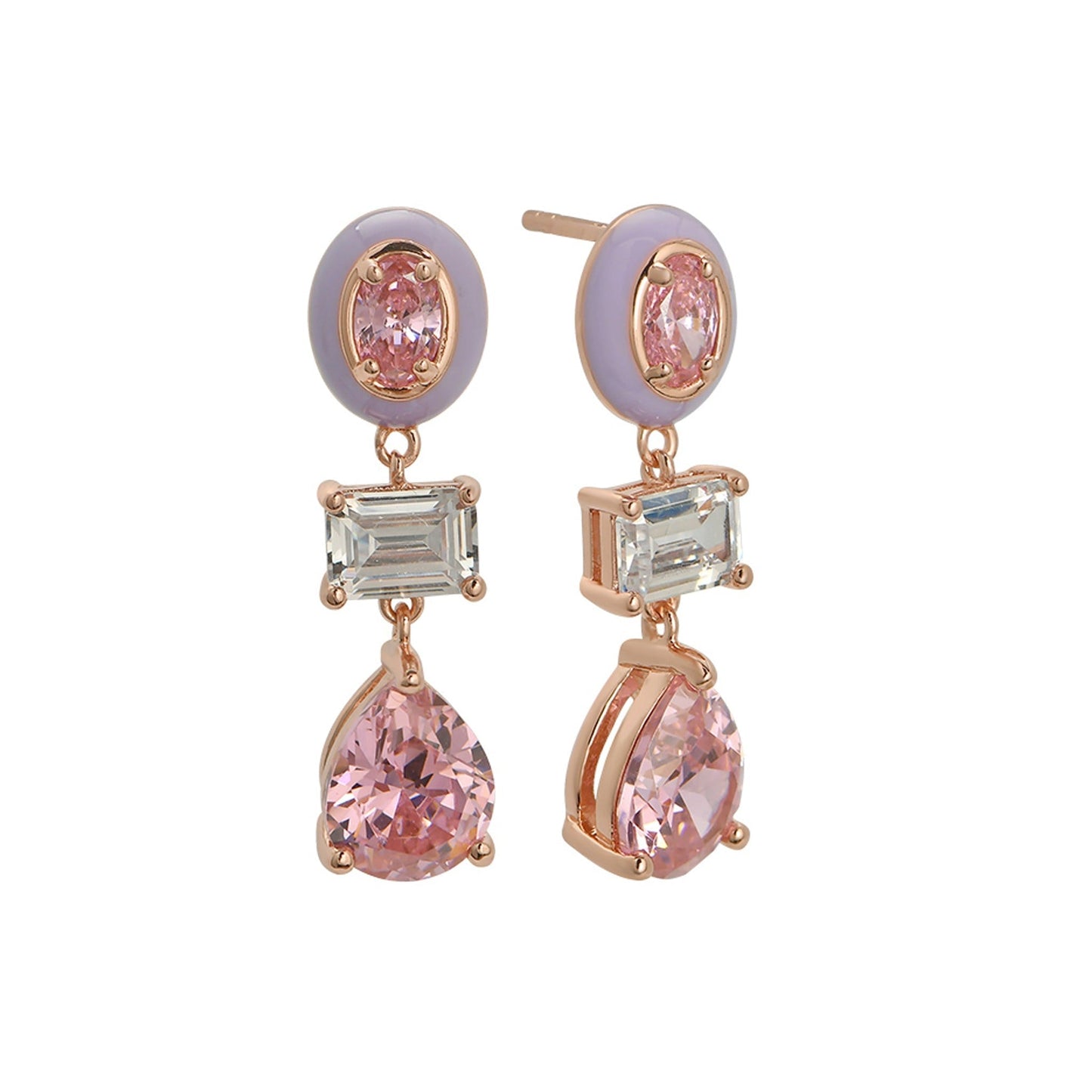 Colourful Enamel Drop Earrings Lilac, Pink & Rose Gold Frida by Amelia Scott, on a white background
