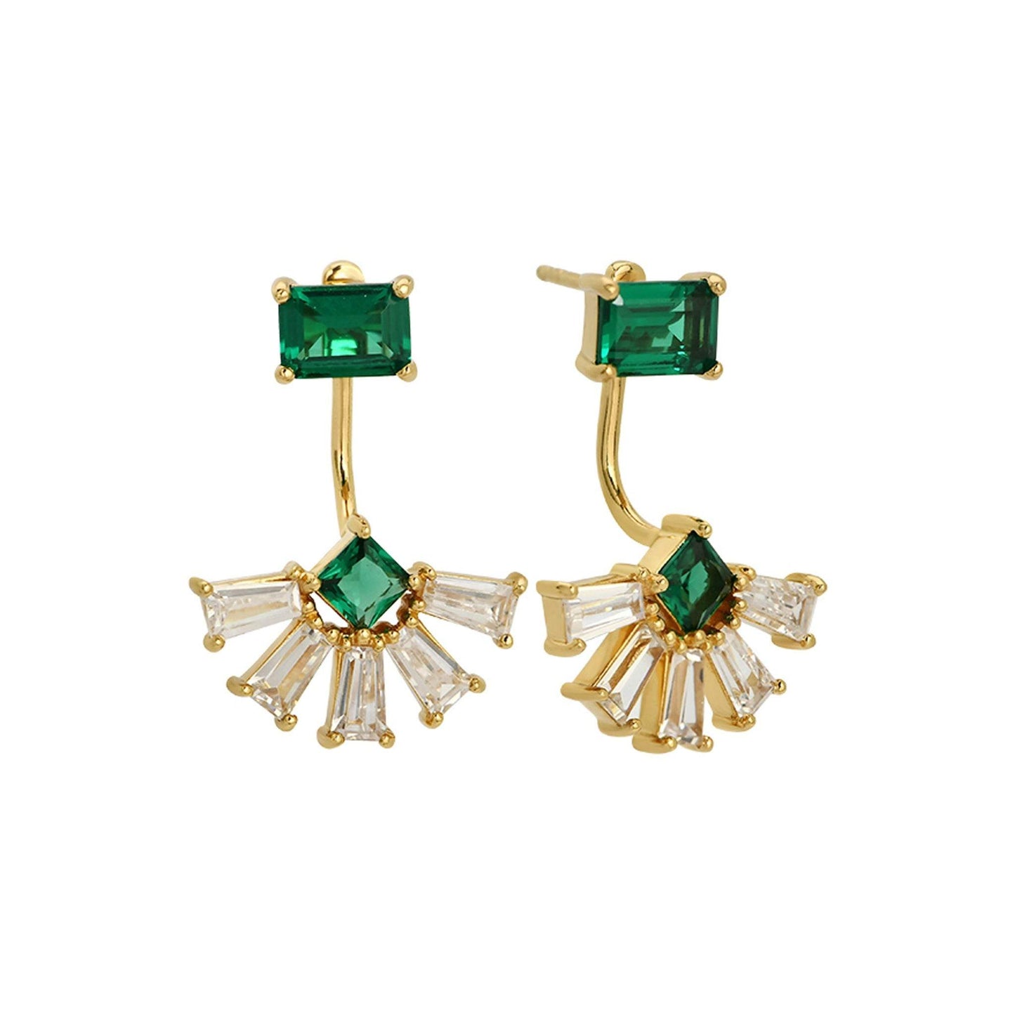 Lola Art Deco Fan Earrings, Emerald Green & Gold on a white background