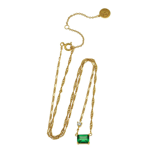 Lola Emerald Cut Necklace, Emerald Green and Gold Chain White background