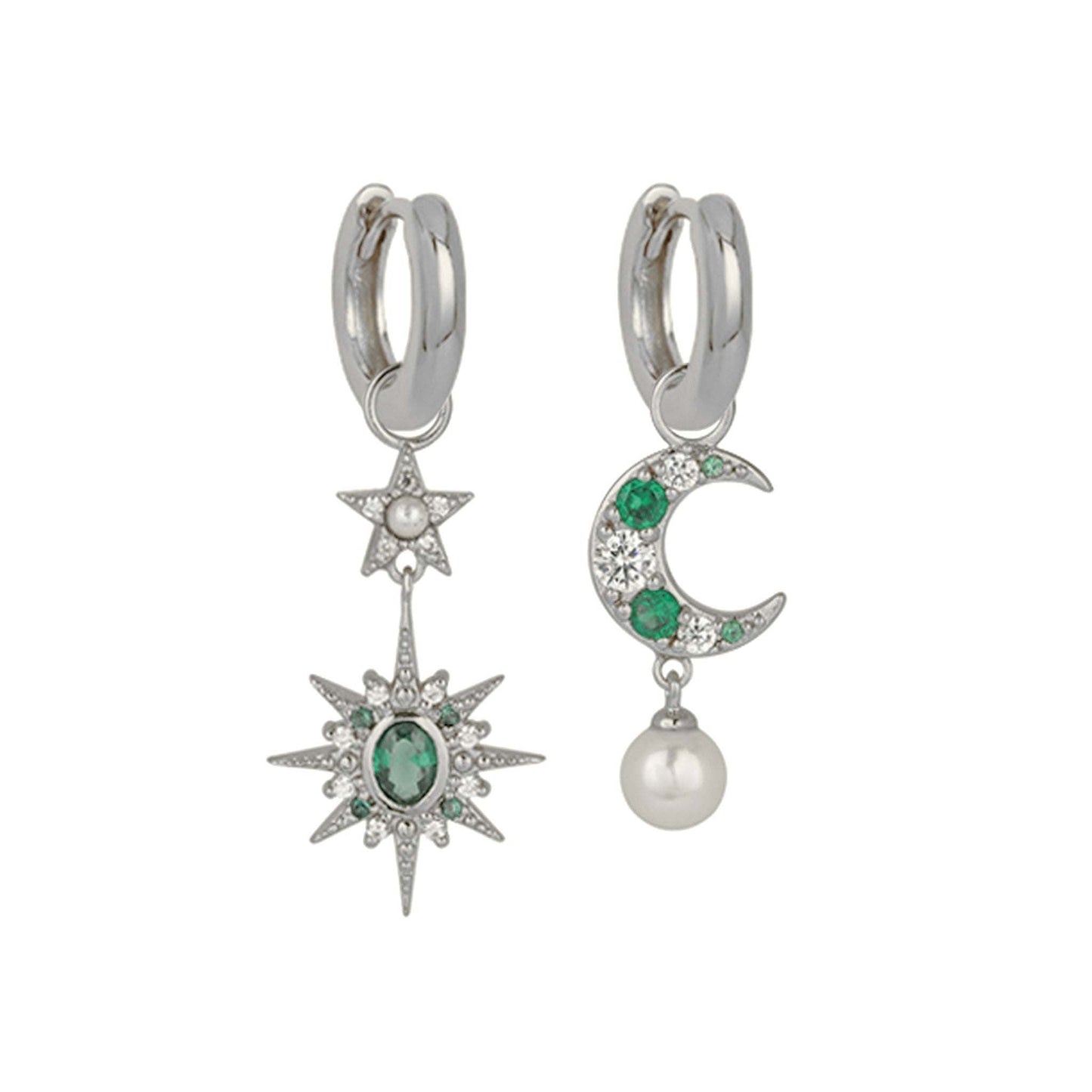 Luna Moon & Star Huggie Hoop Earrings in recycled silver with emerald green cubic zirconia and faux pearl charms