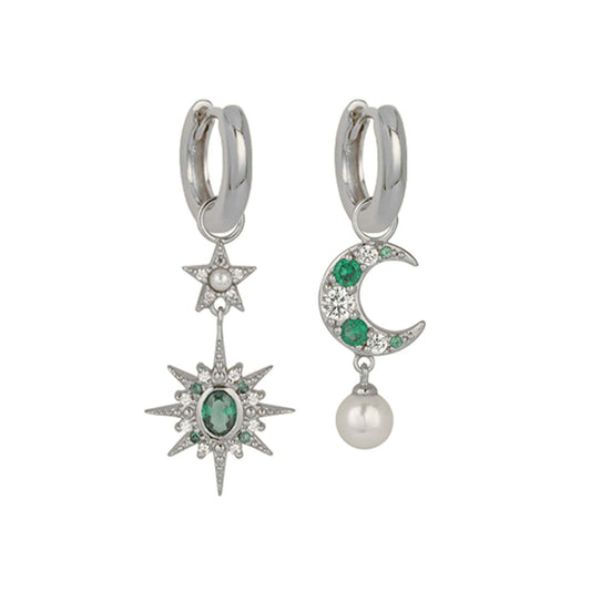 Luna Moon & Star Huggie Hoop Earrings in recycled silver with emerald green cubic zirconia and faux pearl charms