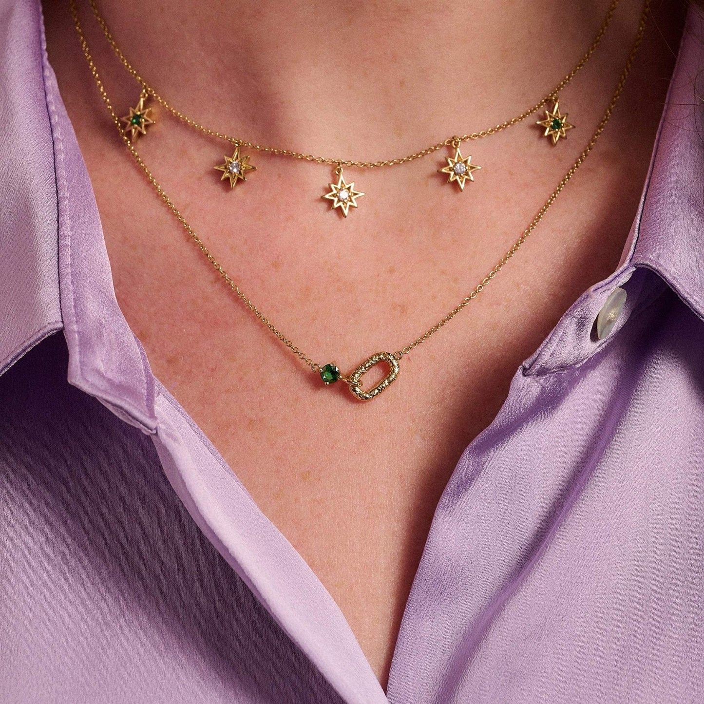 Amelia Antique Oval Necklace, Emerald Green and Gold layered styling