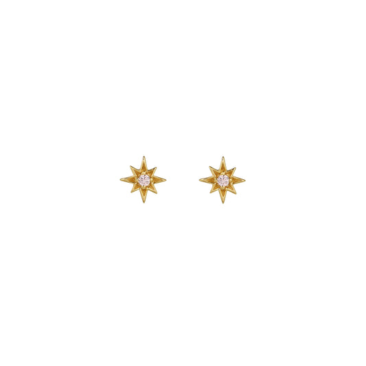 Ziggy Micro North Star stud earrings in gold with blush pink cubic zirconia center, recycled 925 sterling silver, 8mm star design.