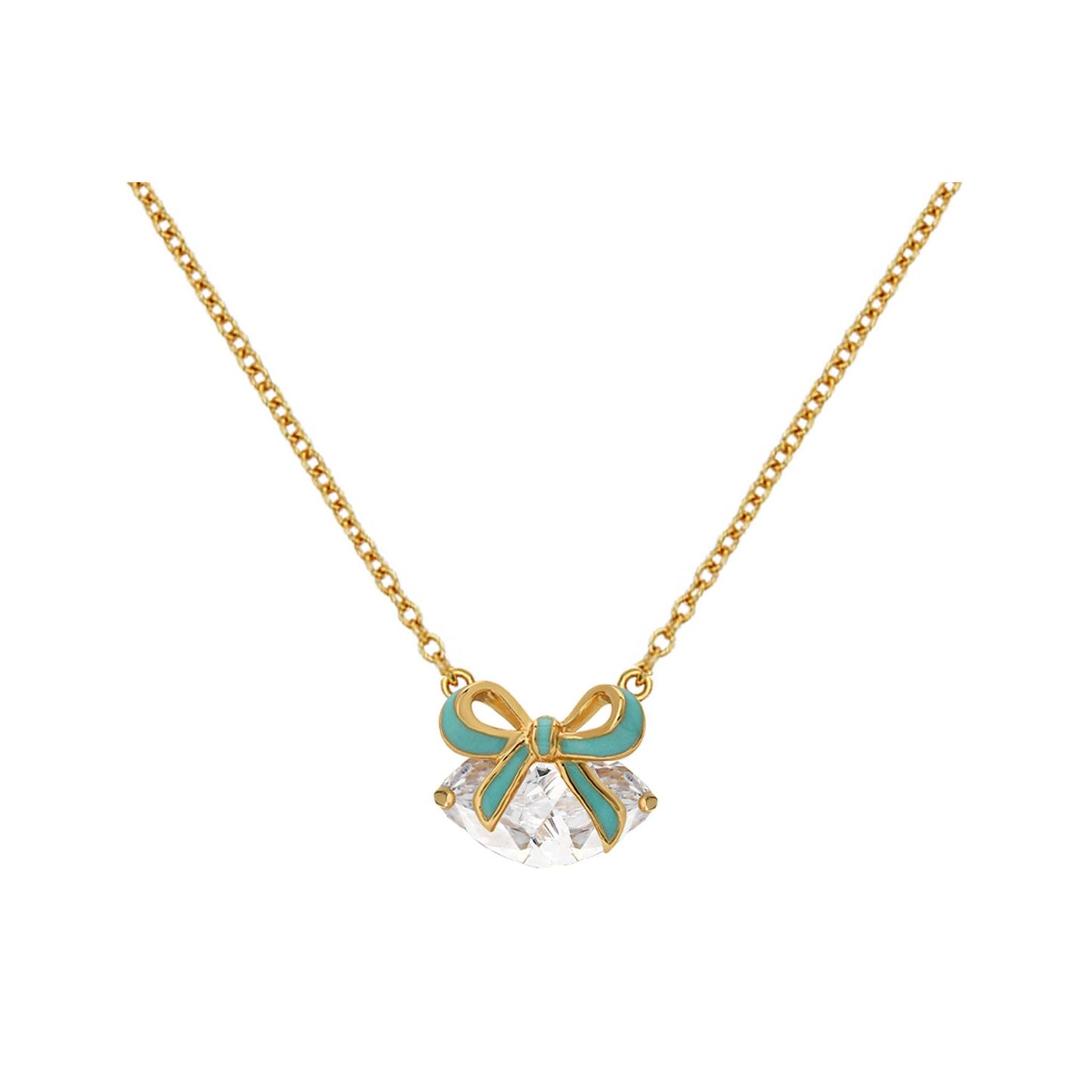 Amelia Bow Necklace with turquoise blue enamel bow and clear cubic zirconia on 18k gold plated chain