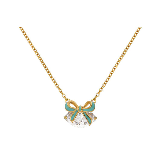 Amelia Bow Necklace with turquoise blue enamel bow and clear cubic zirconia on 18k gold plated chain