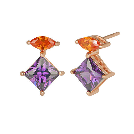 Colourful Rose Gold Stud Earrings, Esme Studs Orange, Amethyst and rose gold on white background