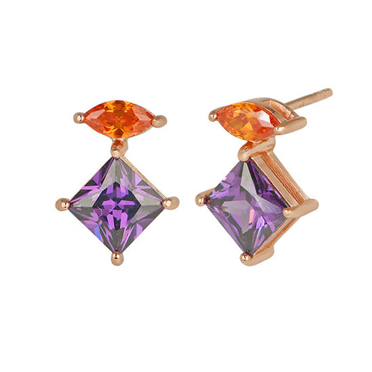 Colourful Rose Gold Stud Earrings, Esme Studs Orange, Amethyst and rose gold on white background