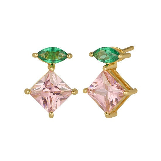 Unusual gold earrings, statement studs with colourful emerald green marquise and pink square cubic zirconia gemstones