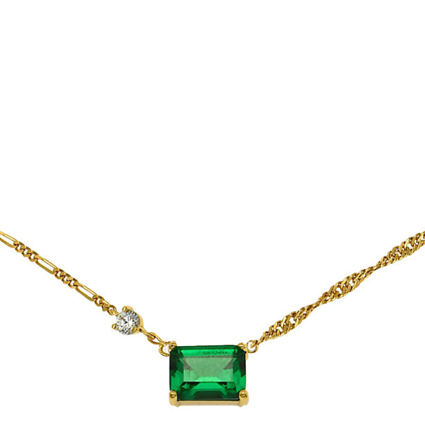 Lola Emerald Cut Necklace emerald green and gold, close up white background shot
