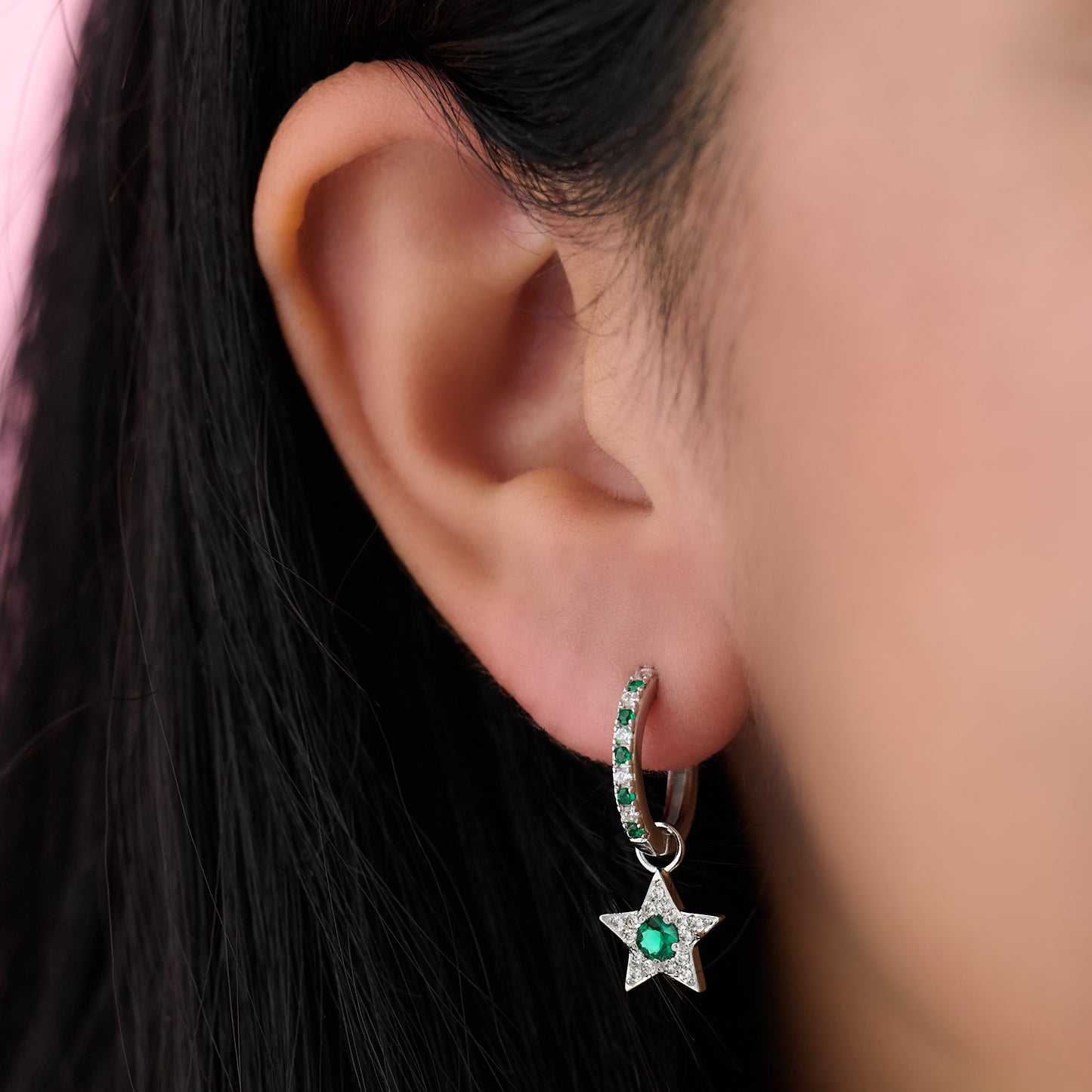 Celeste Mini Star Hoop Earrings Emerald Green & Silver