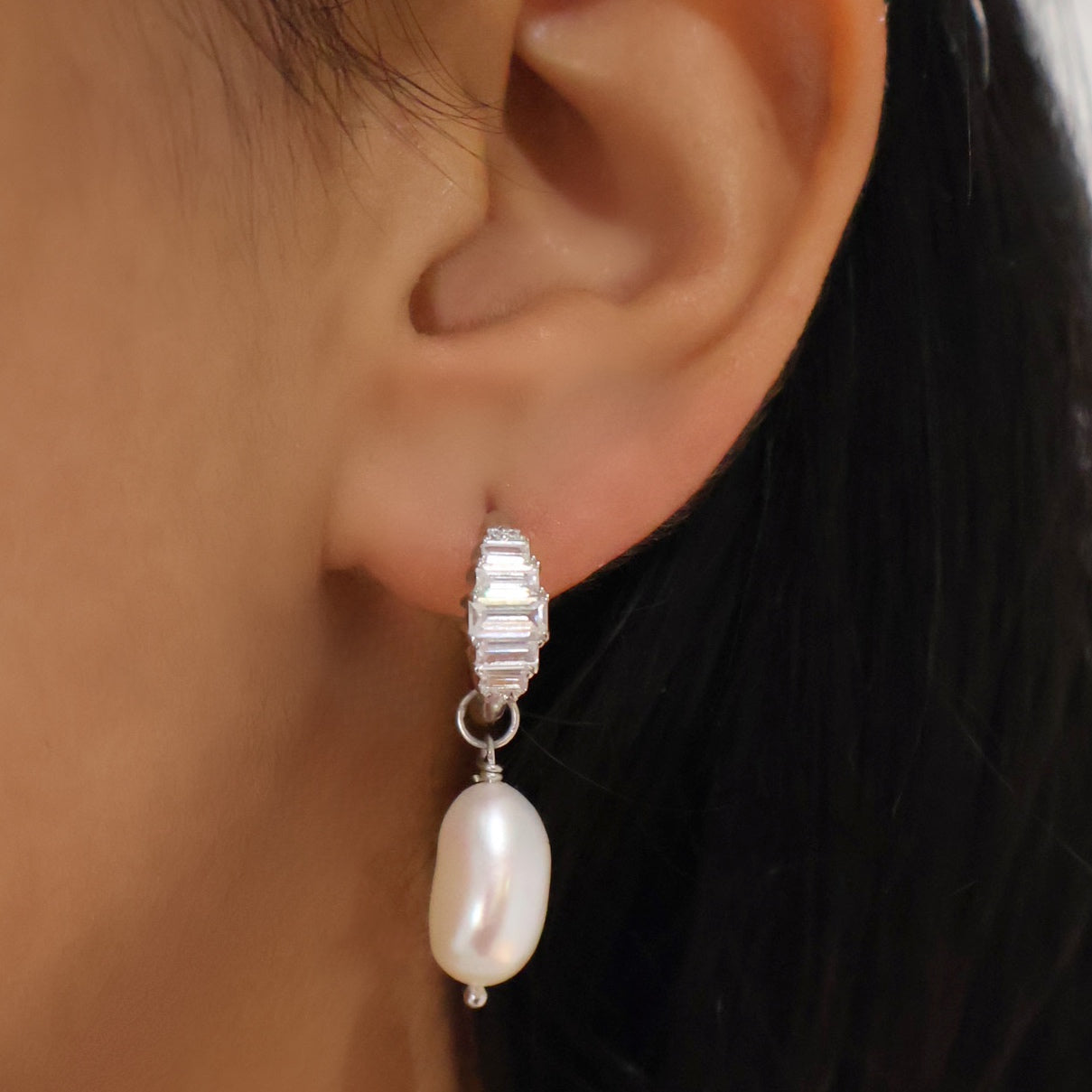 Isla Art Deco Hoop Earrings, Baroque Pearl & Silver