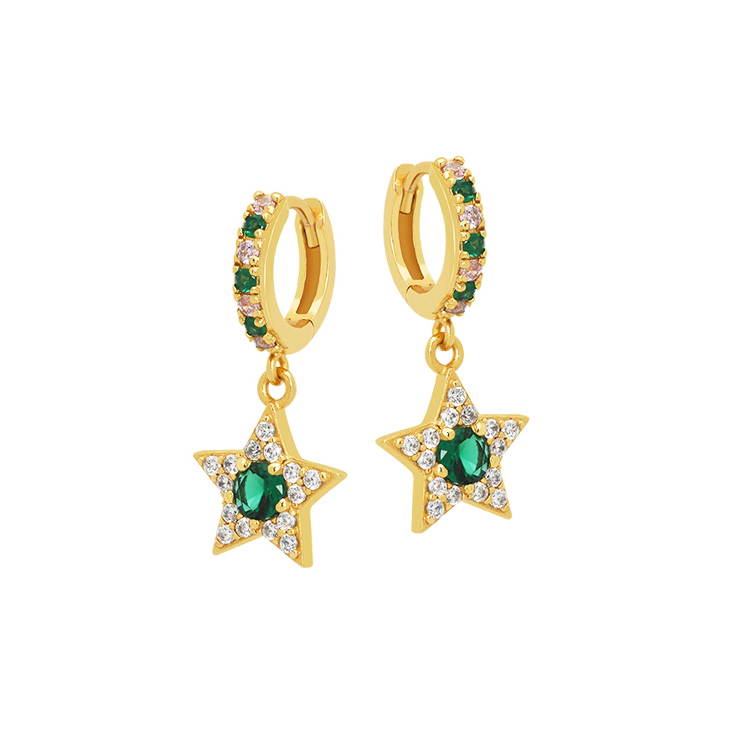 Celeste Mini Star Huggie Hoop Earrings Blush Pink, Emerald Green & Gold