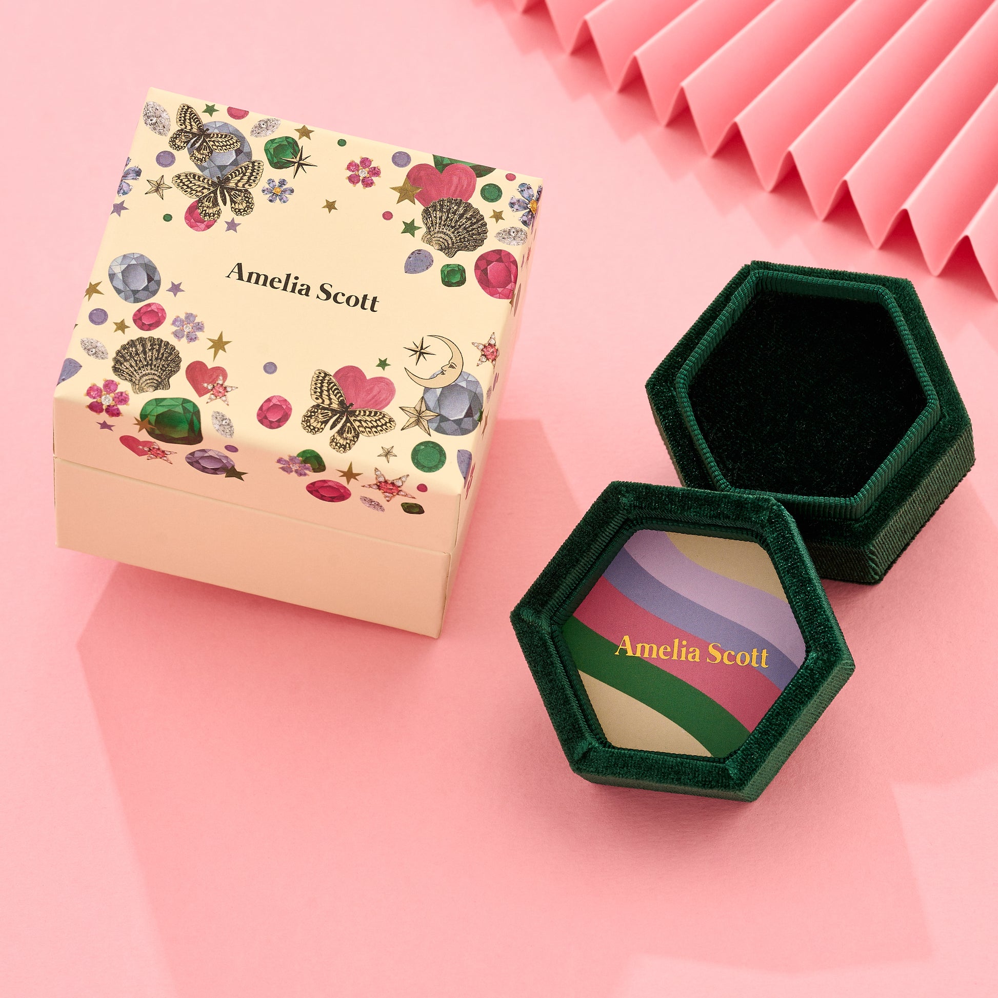 Amelia Scott printed giftbox alongside the velvet jewellery box