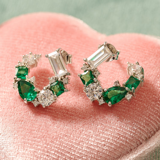 Lottie Cluster Earrings, Emerald Green & Silver