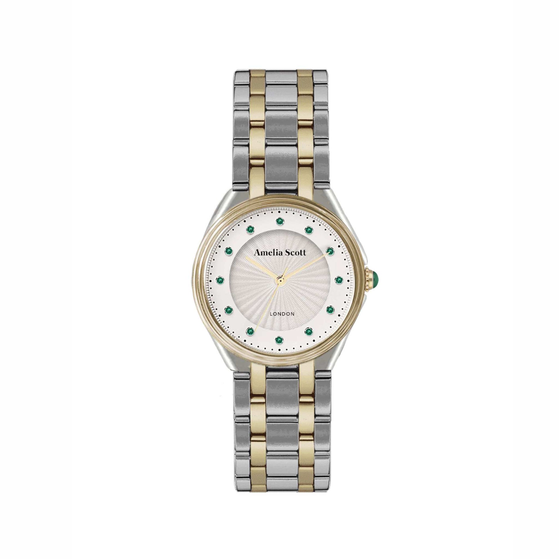 Ava Vintage Two Tone silver and gold bracelet watch with emerald green markers and fluted dial by Amelia Scott