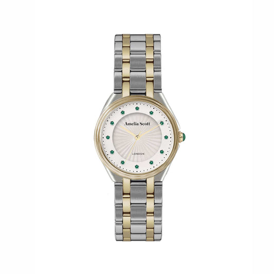 Ava Vintage Two Tone silver and gold bracelet watch with emerald green markers and fluted dial by Amelia Scott