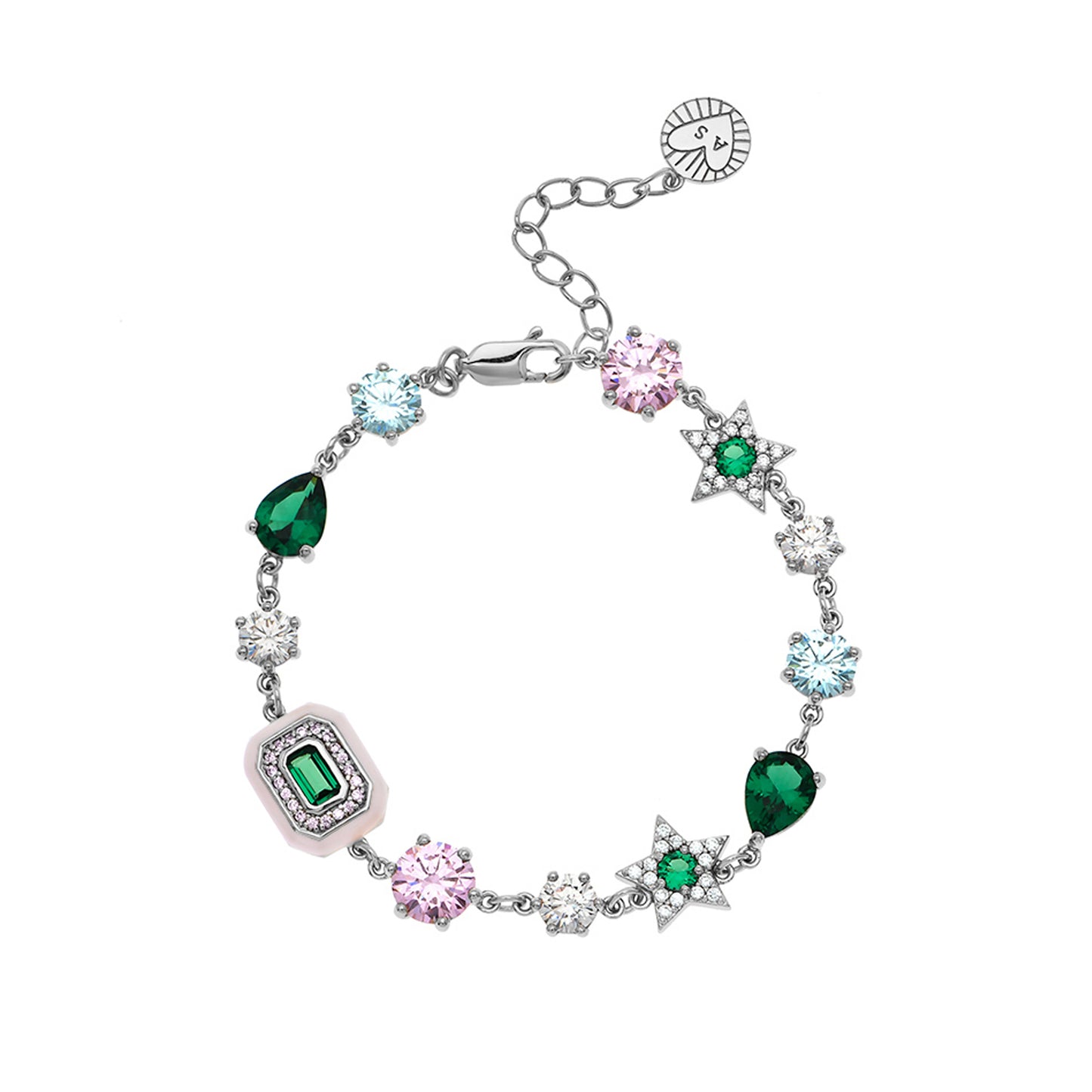 Celeste Cluster Bracelet Blush Pink, Emerald Green & Silver