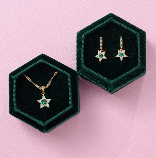 Celeste Star Huggie Hoops & Necklace Gift Set, Emerald Green & Gold