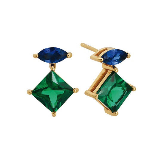 Esme Stud Earrings, Sapphire Blue, Emerald Green & Gold