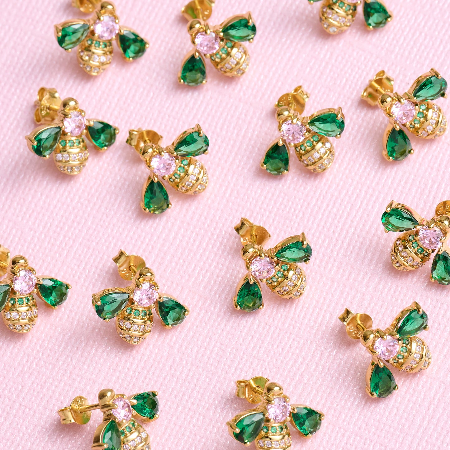 Beatrice Jewelled Bee Stud Earrings Emerald, Blush Pink & Gold