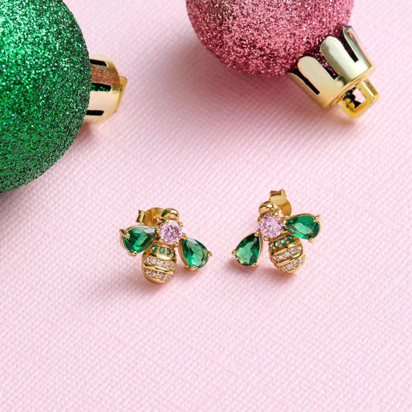 Beatrice Jewelled Bee Stud Earrings Emerald, Blush Pink & Gold