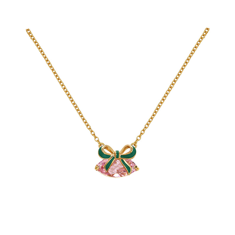 Amelia Bow Necklace, Emerald Green, Blush Pink & Gold