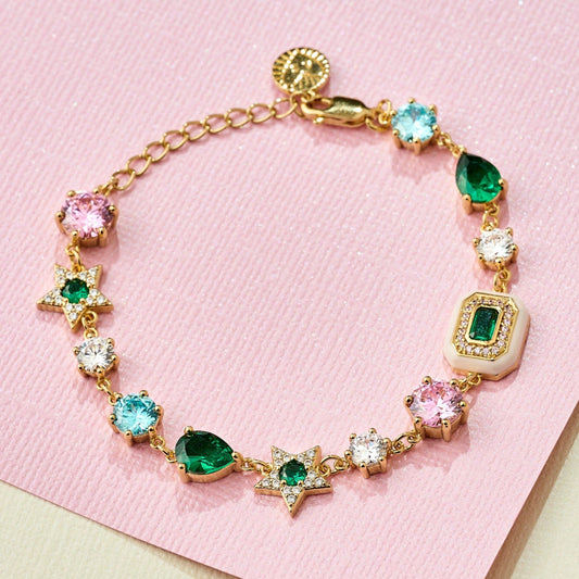 Celeste Cluster Bracelet Blush Pink, Emerald Green & Gold