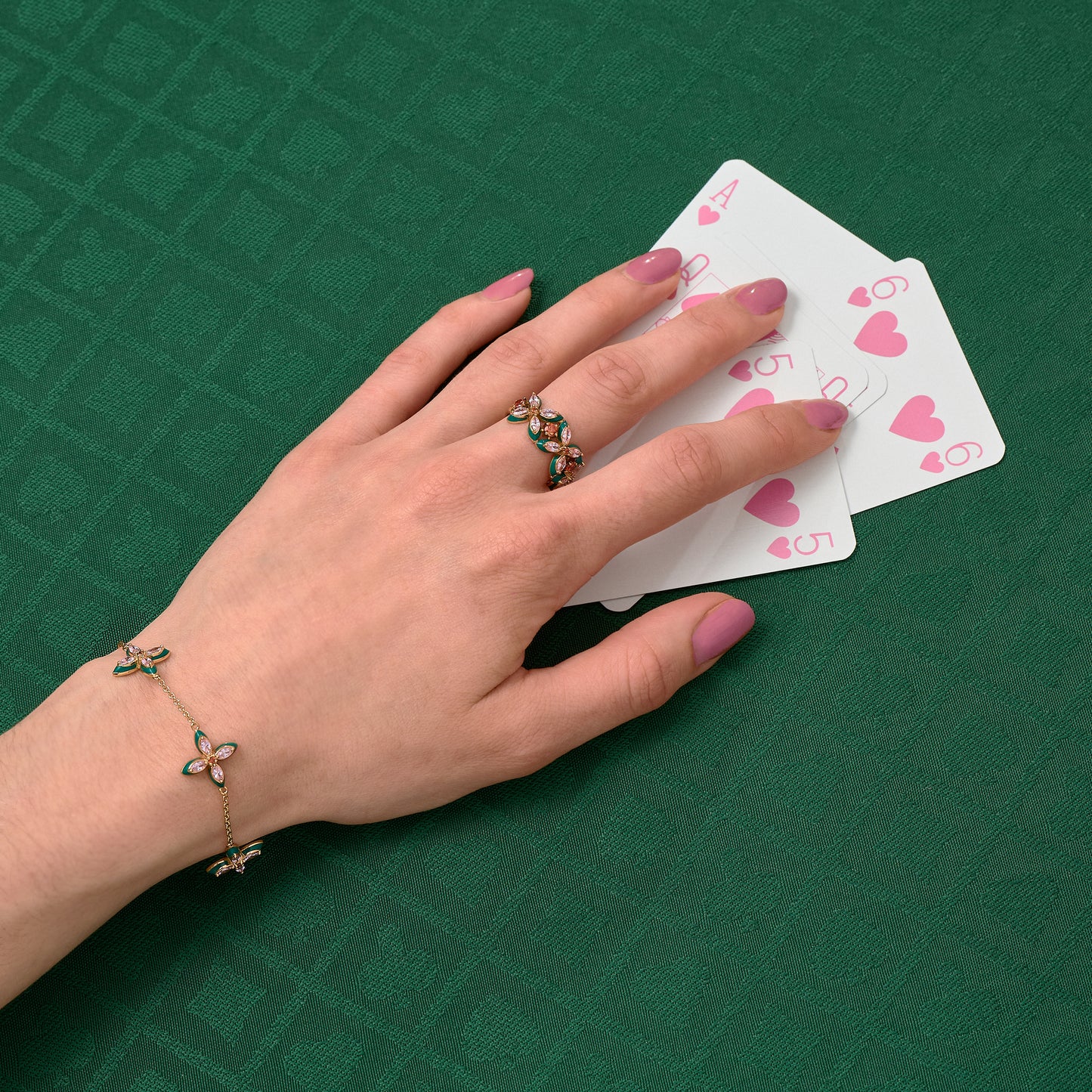 Lucky Clover Ring, Emerald Green, Blush Pink & Gold