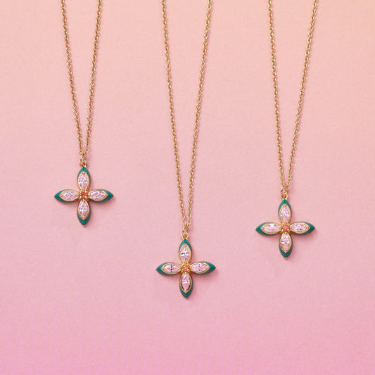 Lucky Clover Pendant Necklace Emerald Enamel, Blush Pink & Gold