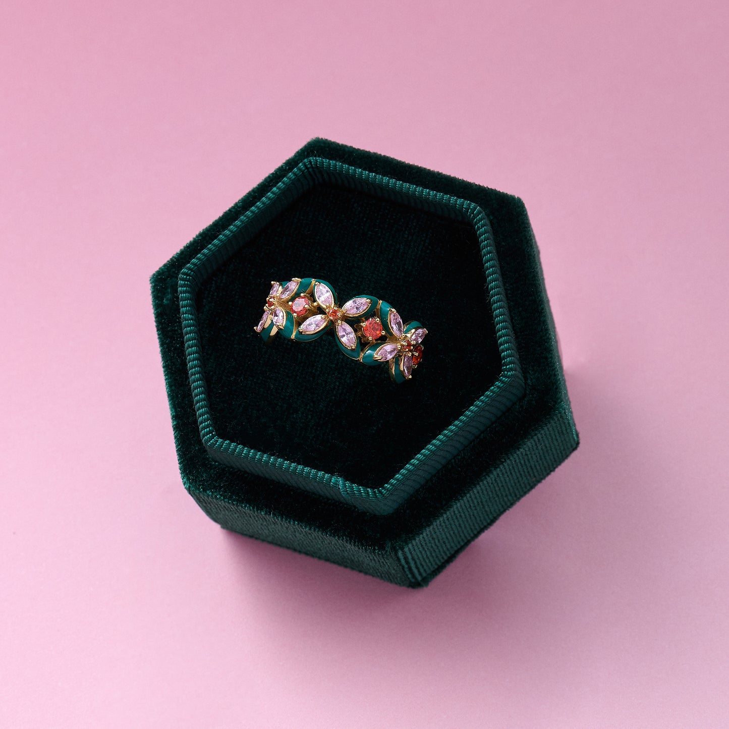 Lucky Clover Ring, Emerald Green, Blush Pink & Gold