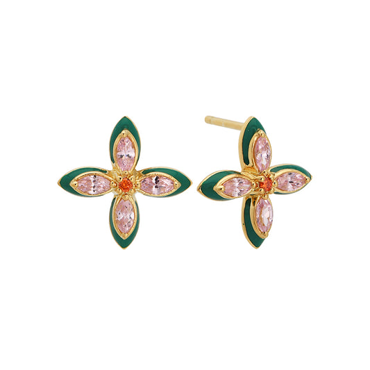 Lucky Clover Stud Earrings, Emerald Green, Blush Pink & Gold