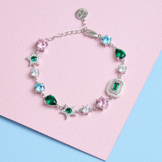 Celeste Cluster Bracelet Blush Pink, Emerald Green & Silver