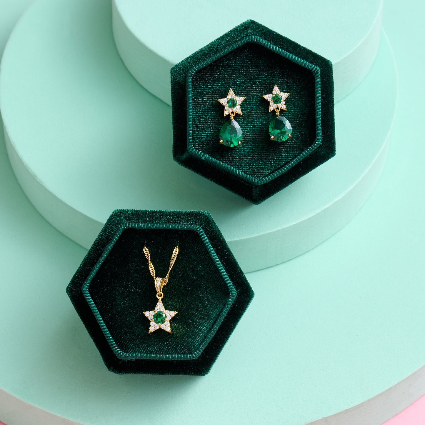 Celeste Mini Star Teardrop Stud Earrings, Emerald Green & Gold